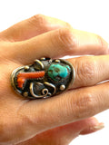 Size 8.5 Old Pawn Navajo 2 Stone Natural  Coral & Turquoise Sterling Men's Ring A031