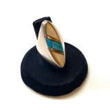 Vintage Native American Sterling Silver Turquoise Mother of Pearl Inlay Ring, Size 7