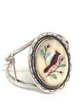 Vintage Cardinal Inlay Native American Sterling Silver Mother of Pearl Cuff Bracelet, 32 Grams