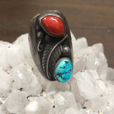 Size 10.25 Old Pawn Navajo 2 Stone Natural Coral & Turquoise Sterling Men's Ring #A007