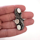 Vintage Sterling Silver Feather & Mother Of Pearl Ring, Elongated Design, Size 7 (A046)