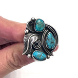 Vintage Navajo  Sterling Silver Turquoise Statement Ring, Signed MS, Size 6 (R150)